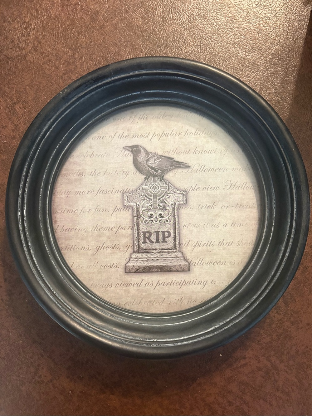 Black Round Halloween RIP Tombstone with Crow Wall Accent Frane